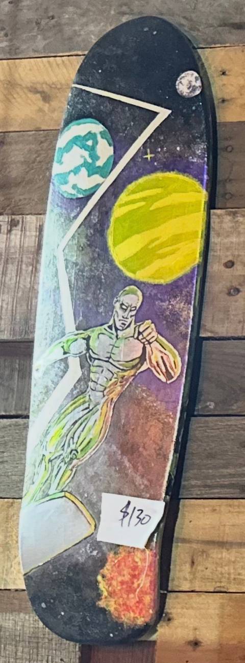 Hand-painted Silver Surfer skate deck